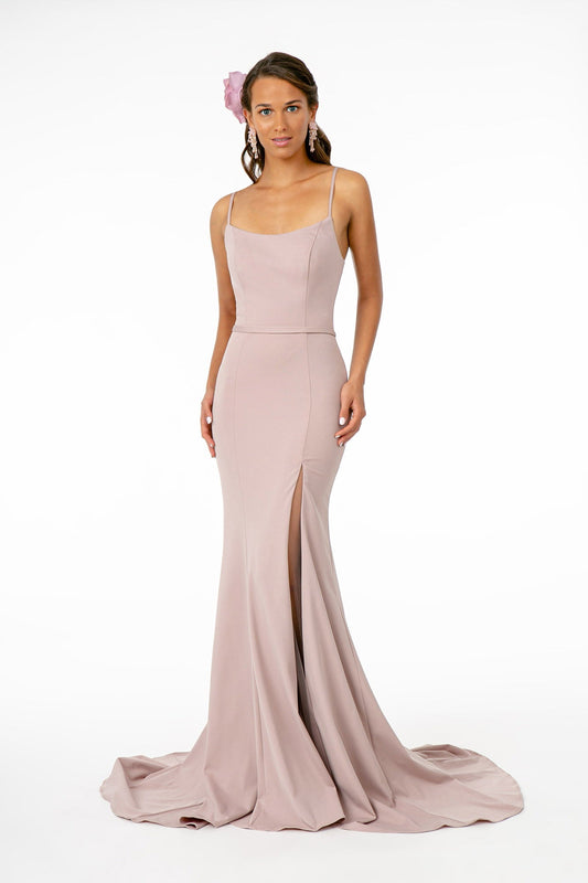 Tux-USA Rome Jersey long nightgown with scoop neck, spaghetti straps, open back, zipper, and mermaid silhouette in mauve.