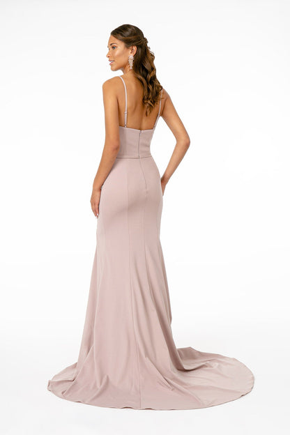 Tux-USA Rome Jersey Long Nightgown with scoop neck, spaghetti straps, open back, zipper, and mermaid trumpet slit in mauve color.