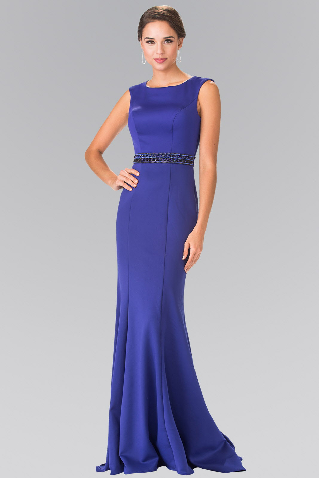 Royal blue jersey mermaid gown with a crew neckline and a beaded cut-out back.