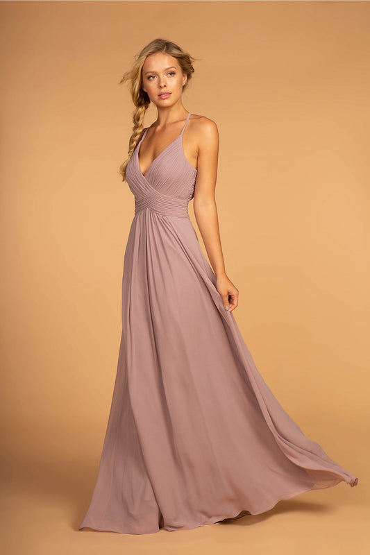 Mauve chiffon gown with a ruched V-neck bodice and spaghetti straps.