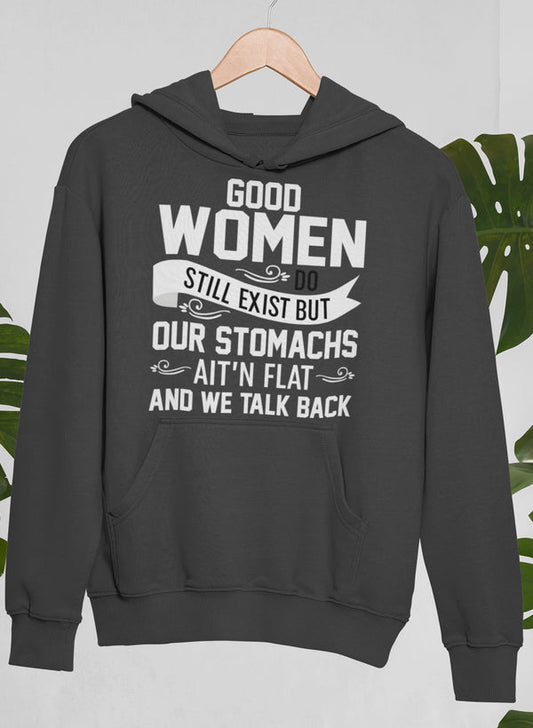 Dark Heather pullover hoodie on a wooden hanger, slogan printed in white block letters.