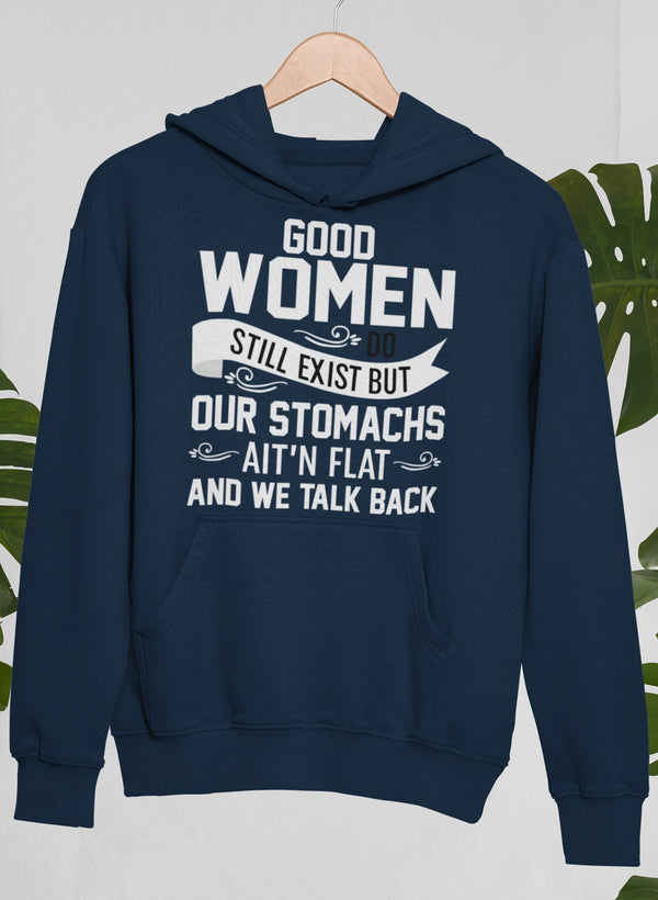 Navy pullover hoodie on a wooden hanger, the slogan printed in white block letters.