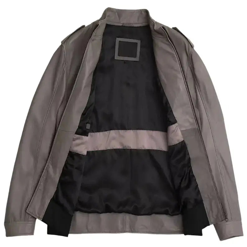 Gray Lambskin Leather Bomber Jacket-2
