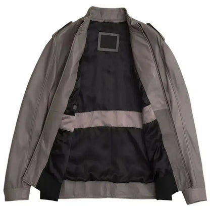 Gray Lambskin Leather Bomber Jacket-2