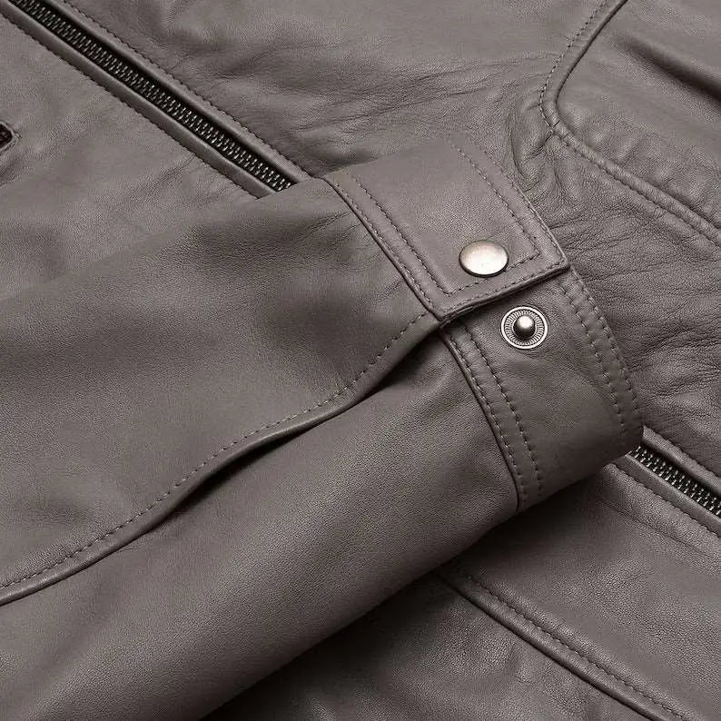 Gray Lambskin Leather Bomber Jacket-4
