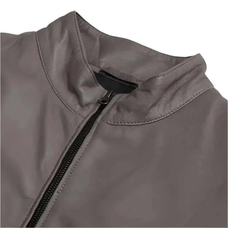 Gray Lambskin Leather Bomber Jacket-3