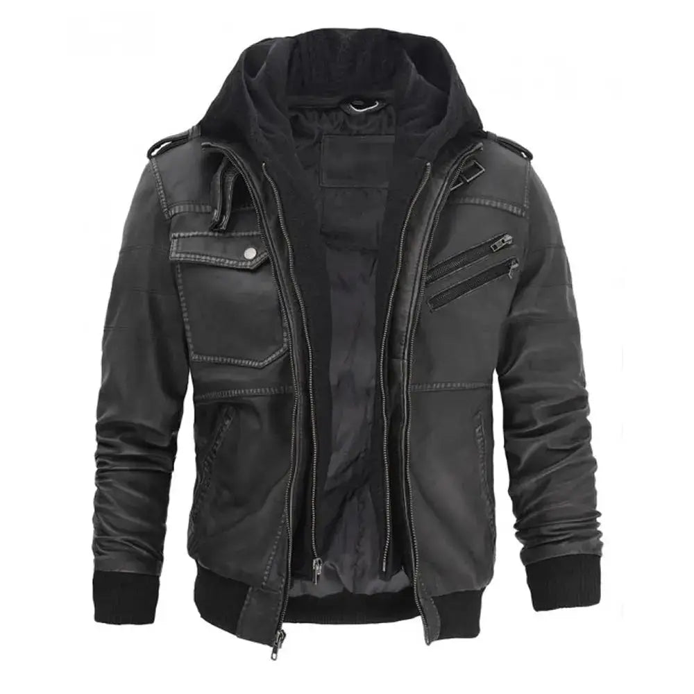 Men’s Grey Hooded Leather Bomber Jacket-0
