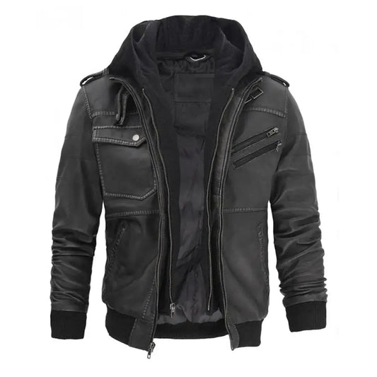 Men’s Grey Hooded Leather Bomber Jacket-0