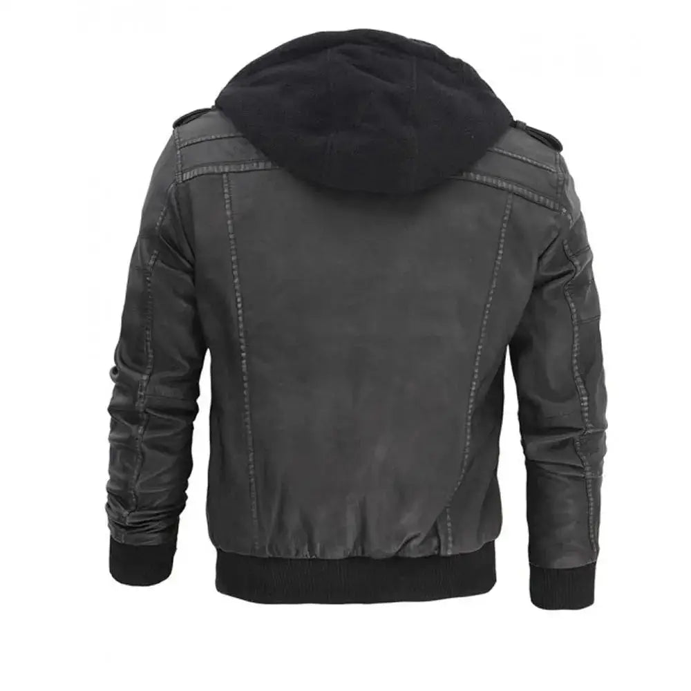 Men’s Grey Hooded Leather Bomber Jacket-1