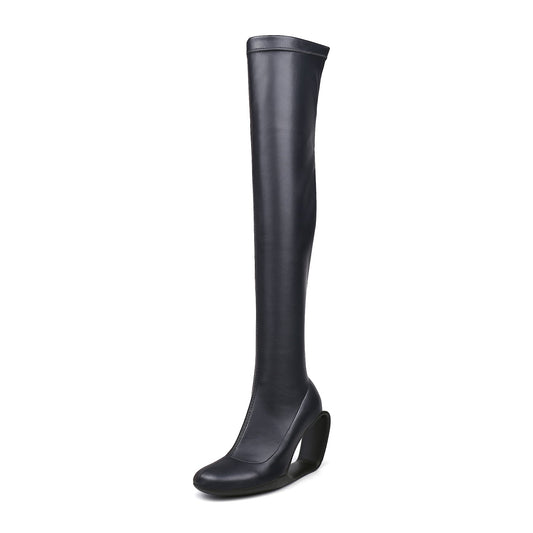 Hollow Wedge Black Knee High Boots-1