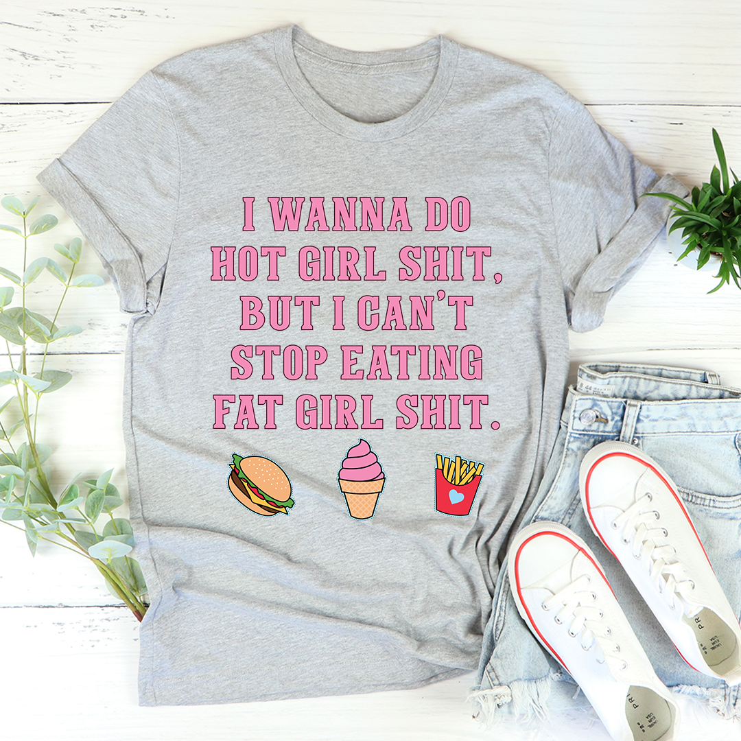 Athletic Heather cotton tee laid flat, blunt block-letter slogan above burger, ice cream and fries icons.