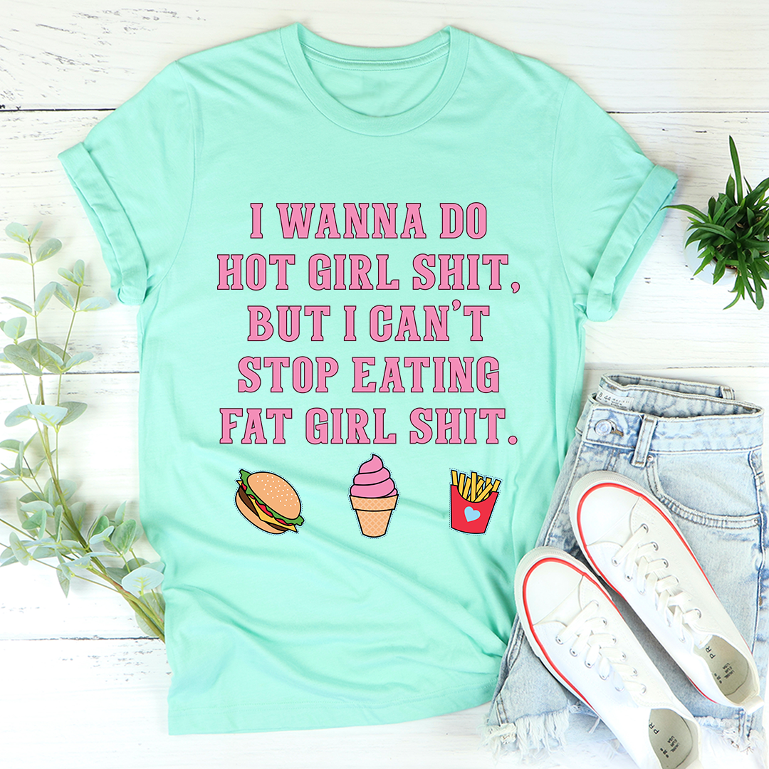 Heather mint cotton tee laid flat, blunt block-letter slogan above burger, ice cream and fries icons.