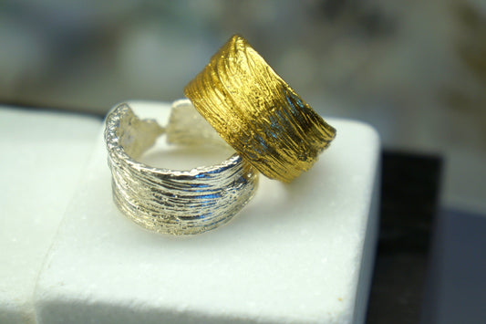 Nature-Inspired Bark Ring, Gold Plated Sterling Silver (Wide Band)-0