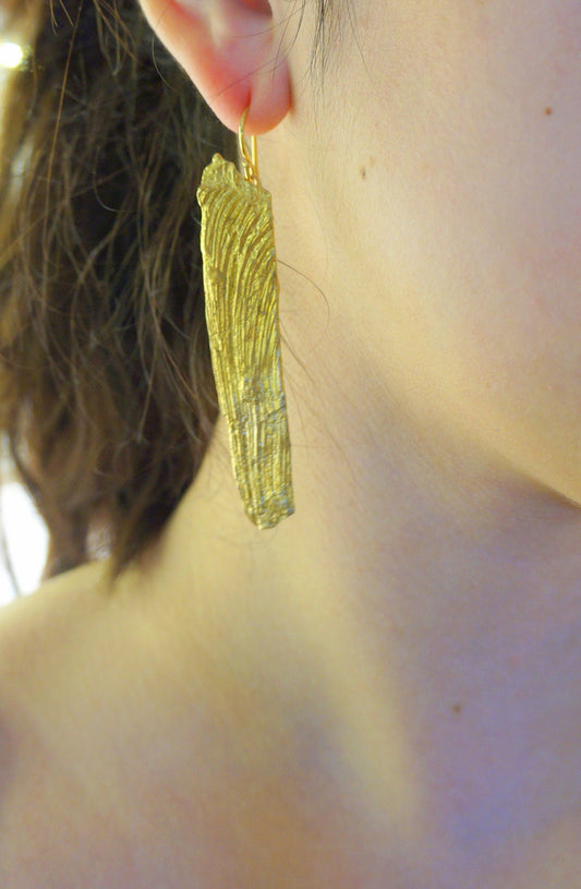 Real Tree Bark Earrings: Long Sterling Silver or Gold Dangle-1