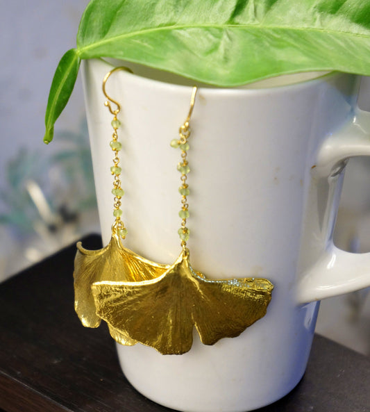 Ginkgo Leaf Earrings: Long Gold Dipped on Sterling Silver-1