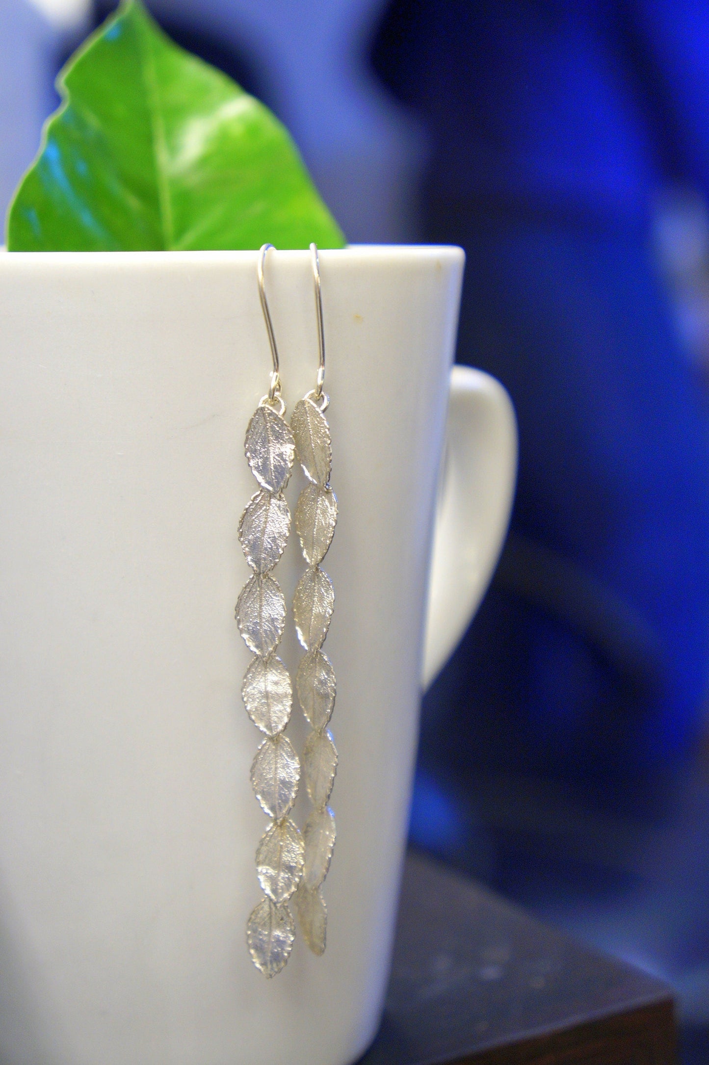 Long Dangle Earrings: Rose Leaves in Sterling Silver - Handmade-1