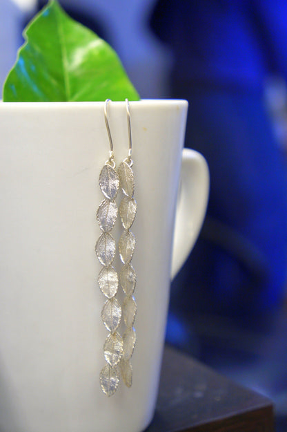 Long Dangle Earrings: Rose Leaves in Sterling Silver - Handmade-1