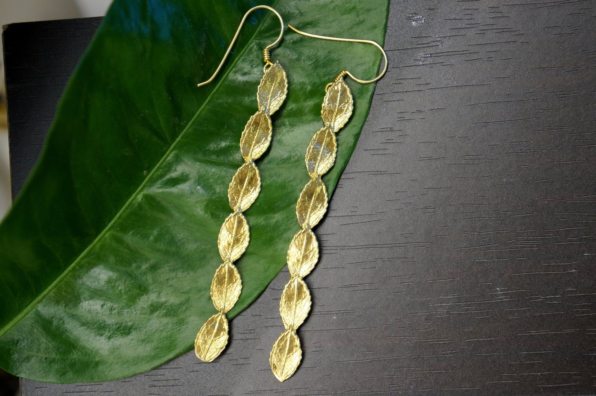 Long Dangle Earrings: Rose Leaves in Sterling Silver - Handmade-4
