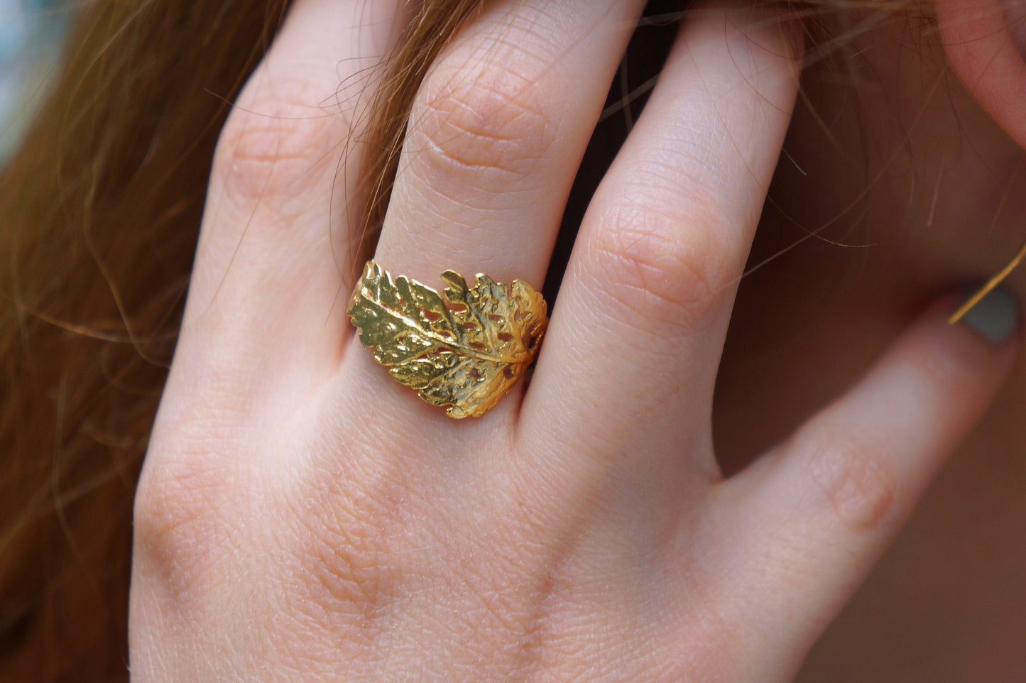 Gold Fern Ring, Gold-Plated Sterling Silver Jewelry, Leaf Fern Ring Band, Gift for Her, Birthday Gift for Women, Handmade Jewelry-0