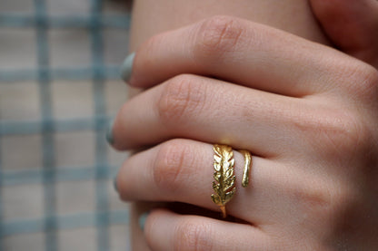 Gold Fern Ring, Gold-Plated Sterling Silver Jewelry, Branch Ring, Birthday Gift, Gift for Her, Handmade Jewelry (Adjustable)-0