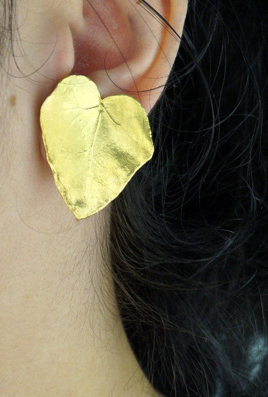 Ivy Leaf Earrings: Heart Shape Botanical Jewelry (Gold Plated Silver)-1