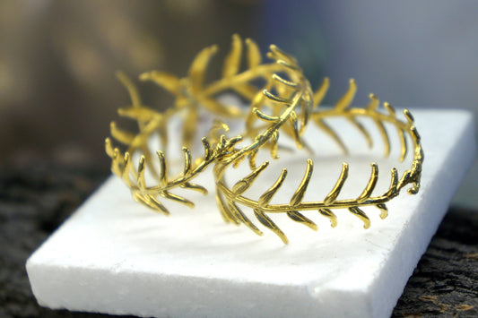 Araucaria Leaf Earrings: Big Silver and Gold Hoops (Handmade, Nature Detail)-0