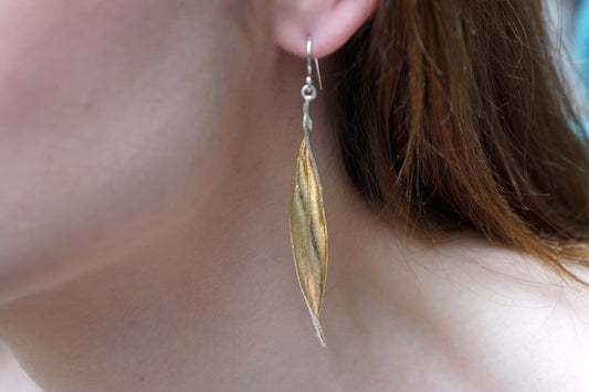 Real Olive Leaf Earrings - Long Dangle, Sterling Silver with Gold Tone-1