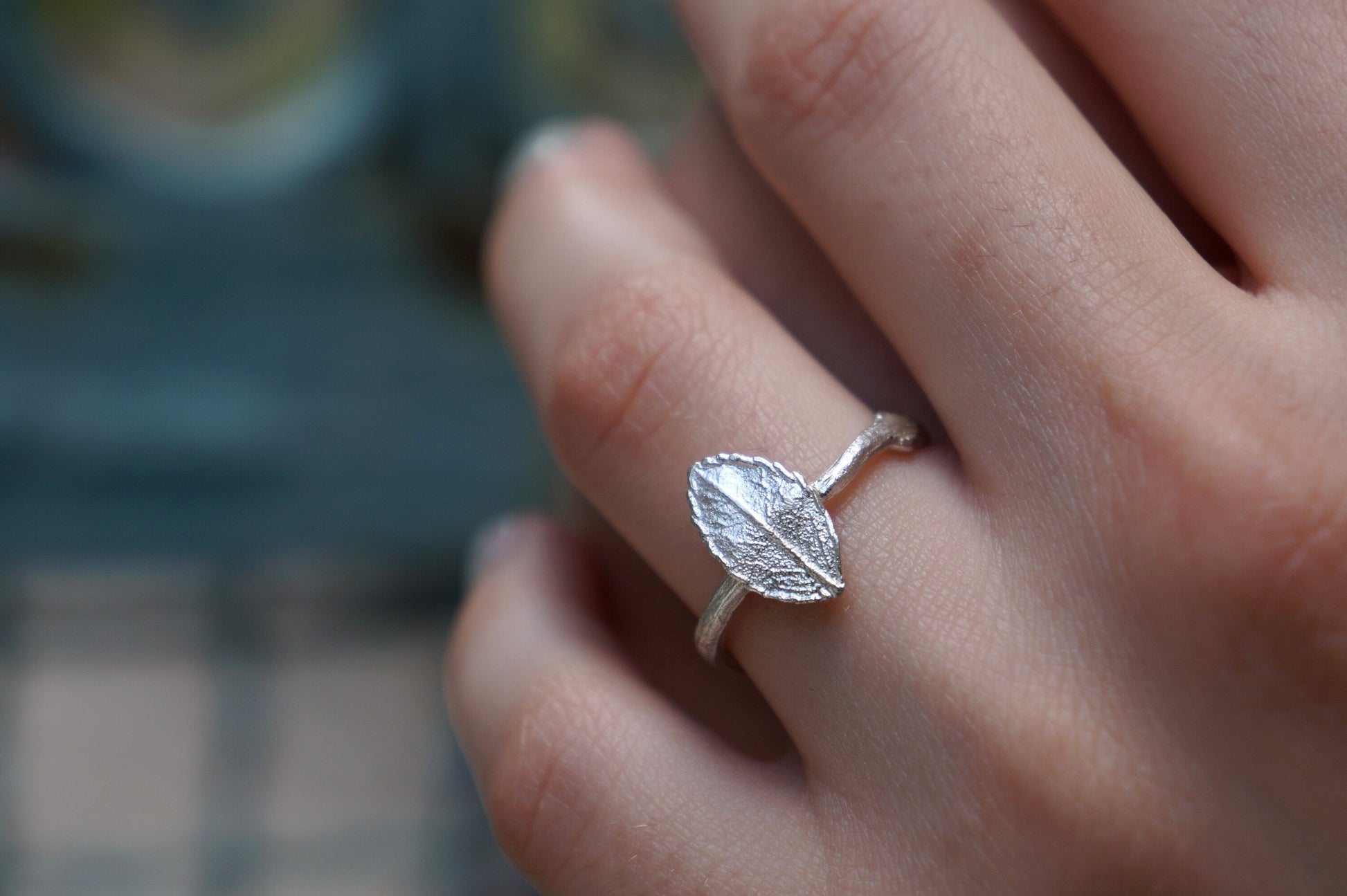 Minimalist Nature Ring, Sterling Silver, Rose Twig Leaf (Adjustable)-0