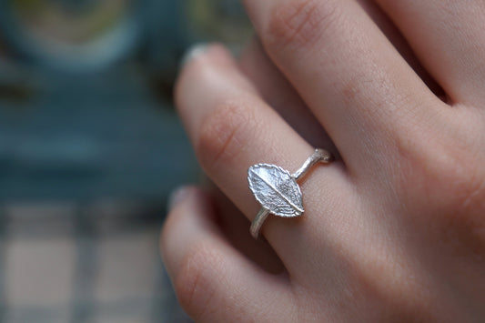 Minimalist Nature Ring, Sterling Silver, Rose Twig Leaf (Adjustable)-0