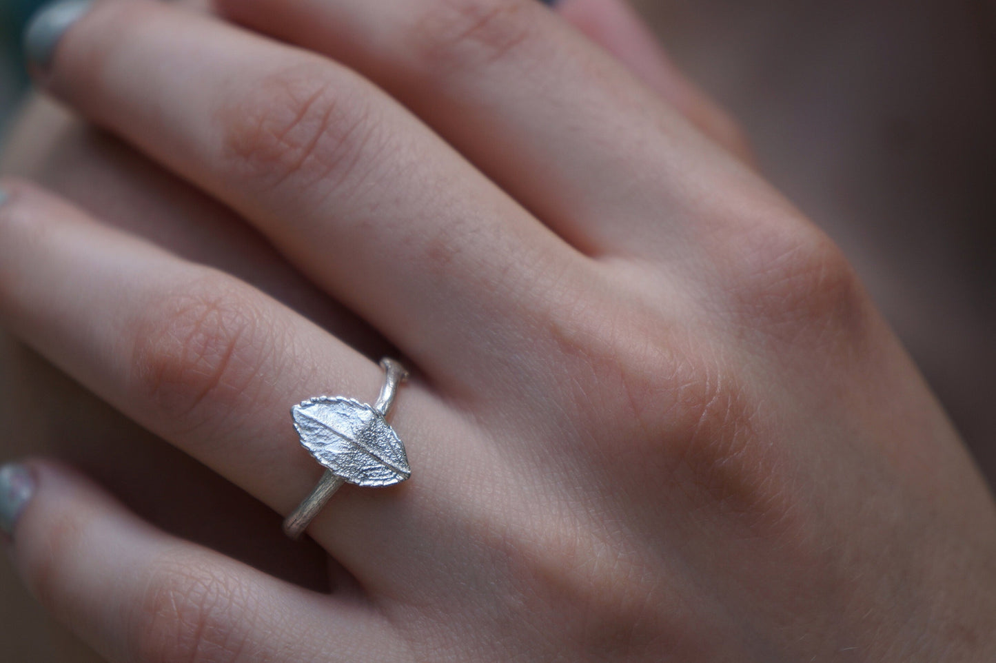 Minimalist Nature Ring, Sterling Silver, Rose Twig Leaf (Adjustable)-1