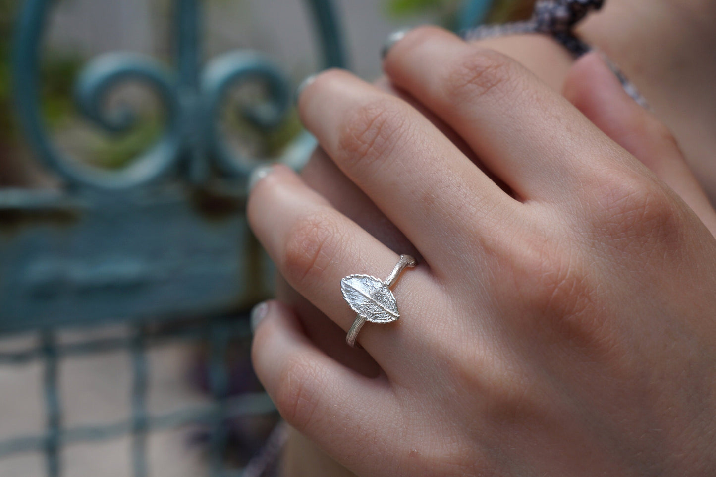 Minimalist Nature Ring, Sterling Silver, Rose Twig Leaf (Adjustable)-2