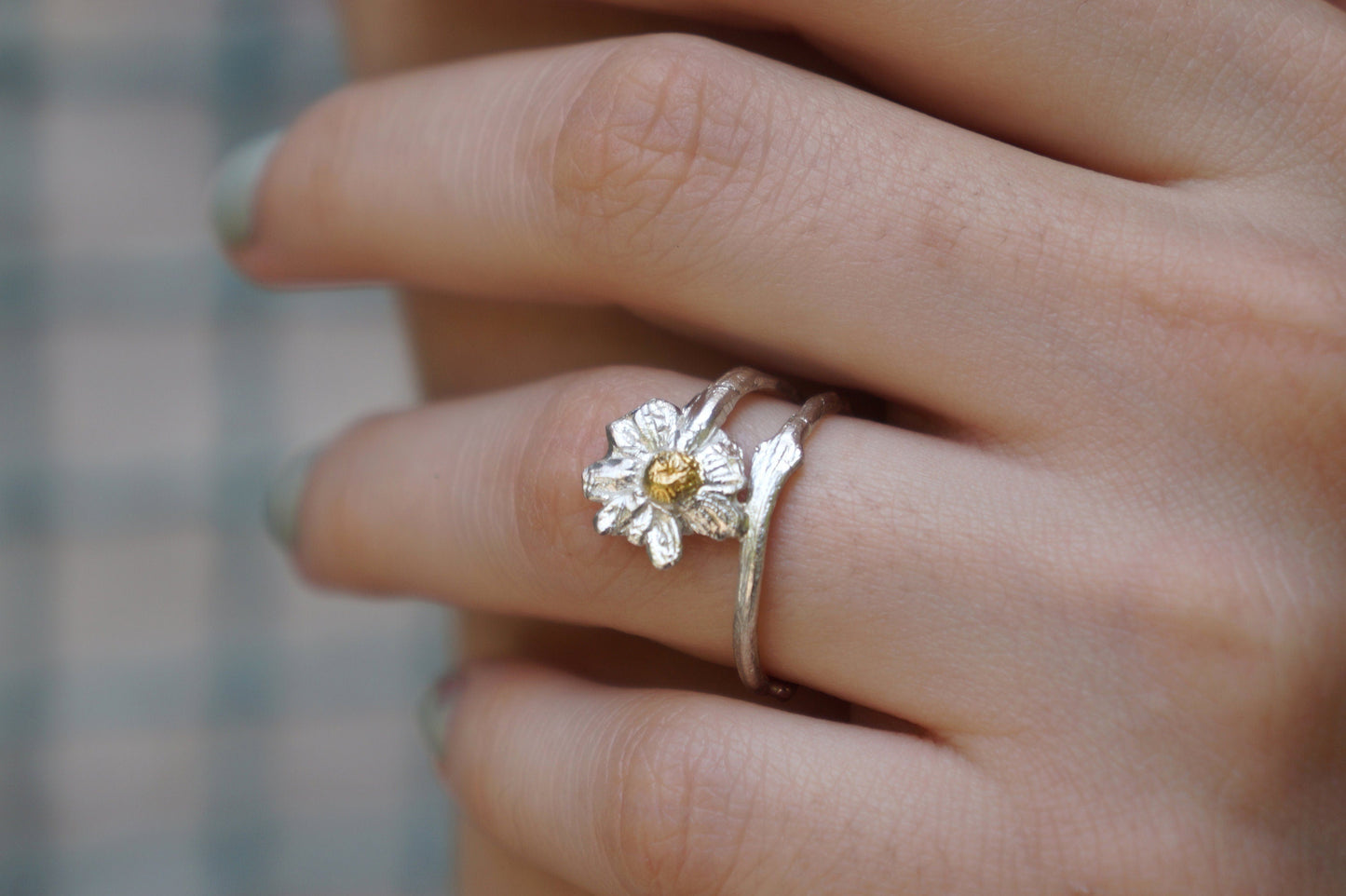 Silver Flower Ring, Sterling Silver Chamomile Ring, Branch Ring, Gold Ring Details, Gift for Her, Birthday Gift for Women, Handmade Jewelry-1
