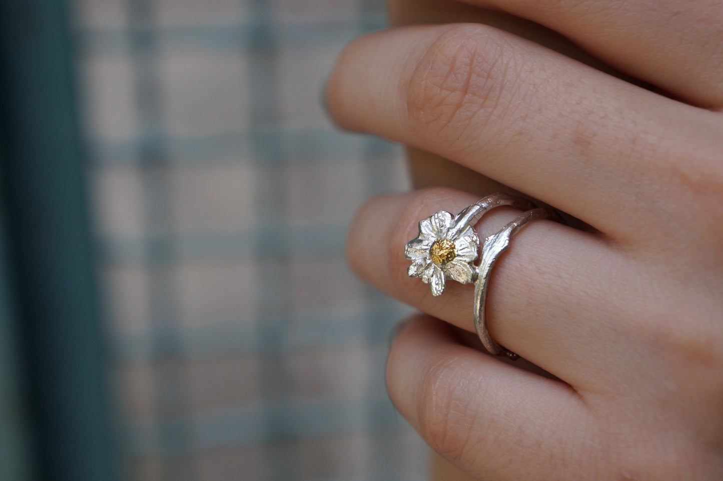 Silver Flower Ring, Sterling Silver Chamomile Ring, Branch Ring, Gold Ring Details, Gift for Her, Birthday Gift for Women, Handmade Jewelry-0