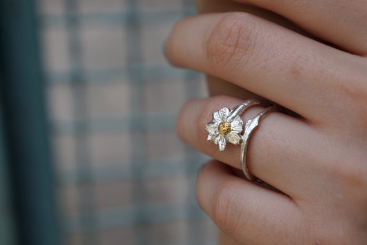 Silver Flower Ring, Sterling Silver Chamomile Ring, Branch Ring, Gold Ring Details, Gift for Her, Birthday Gift for Women, Handmade Jewelry-0