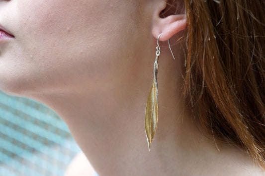 Real Olive Leaf Earrings - Long Dangle, Sterling Silver with Gold Tone-0