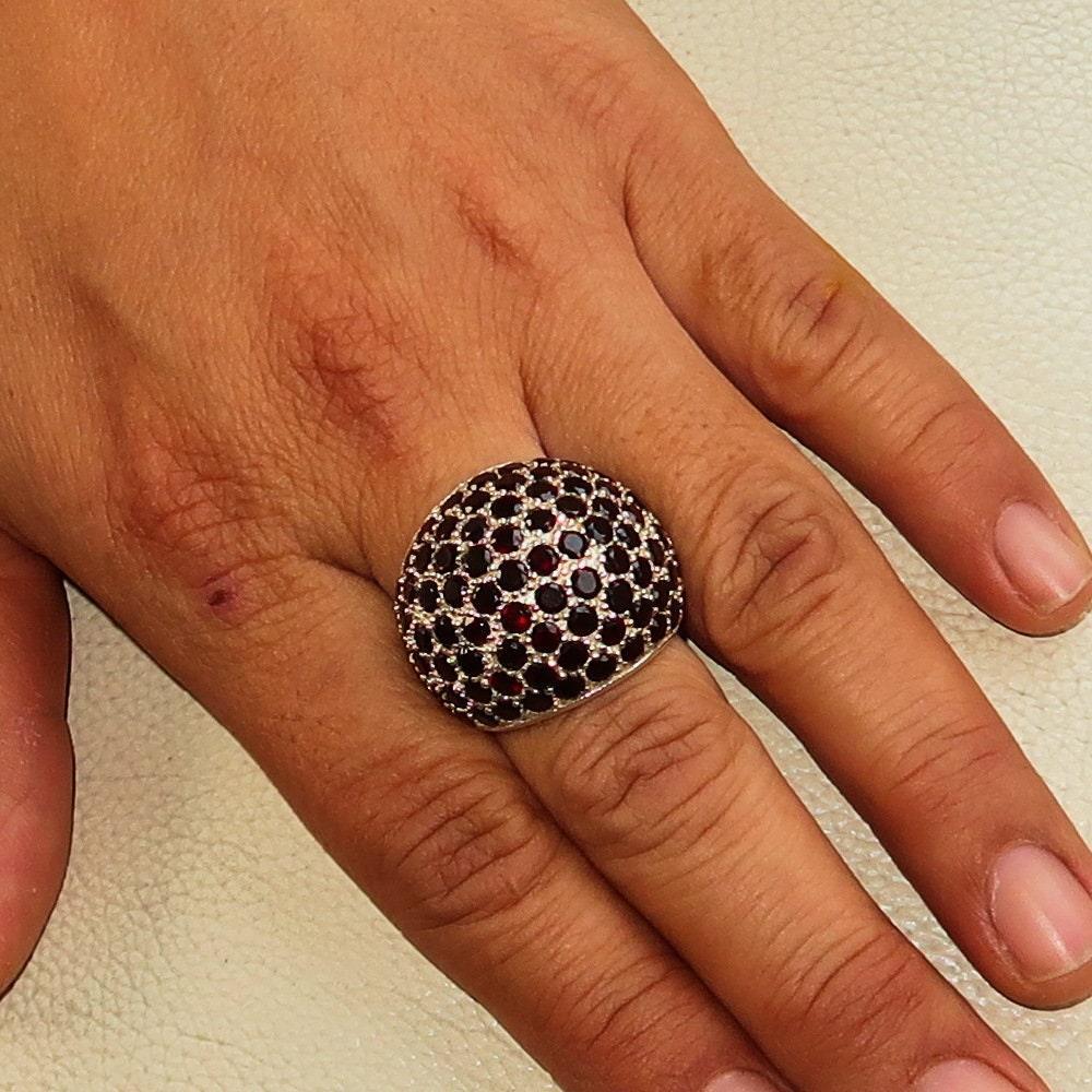 Red Garnet Ring, Sterling Silver Ring, Sphere Ring with 86 Stones of 3 mm red Garnets, handmade gemstone ring, Unique design, hallmarked 925-1