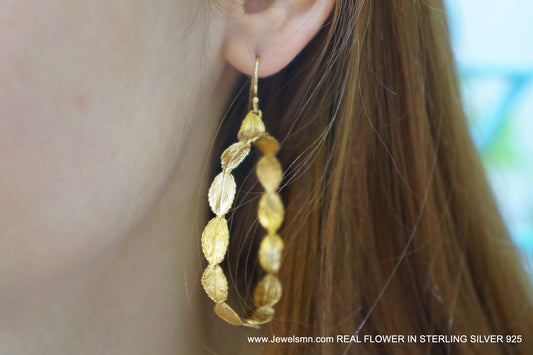 Hoop Earrings: Real Tiny Rose Leaf Detail - 14k Gold Plated Silver-0