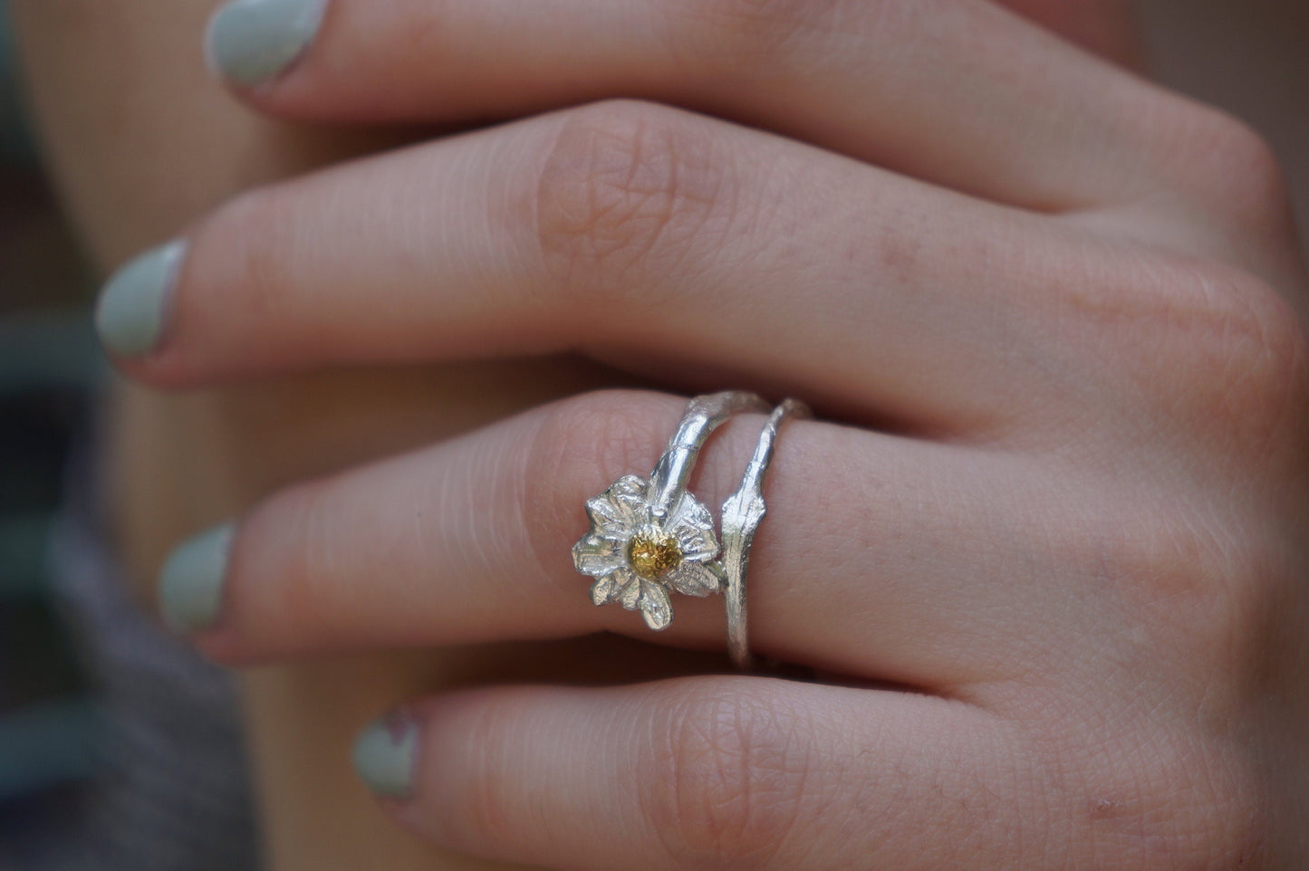 Silver Flower Ring, Sterling Silver Chamomile Ring, Branch Ring, Gold Ring Details, Gift for Her, Birthday Gift for Women, Handmade Jewelry-3