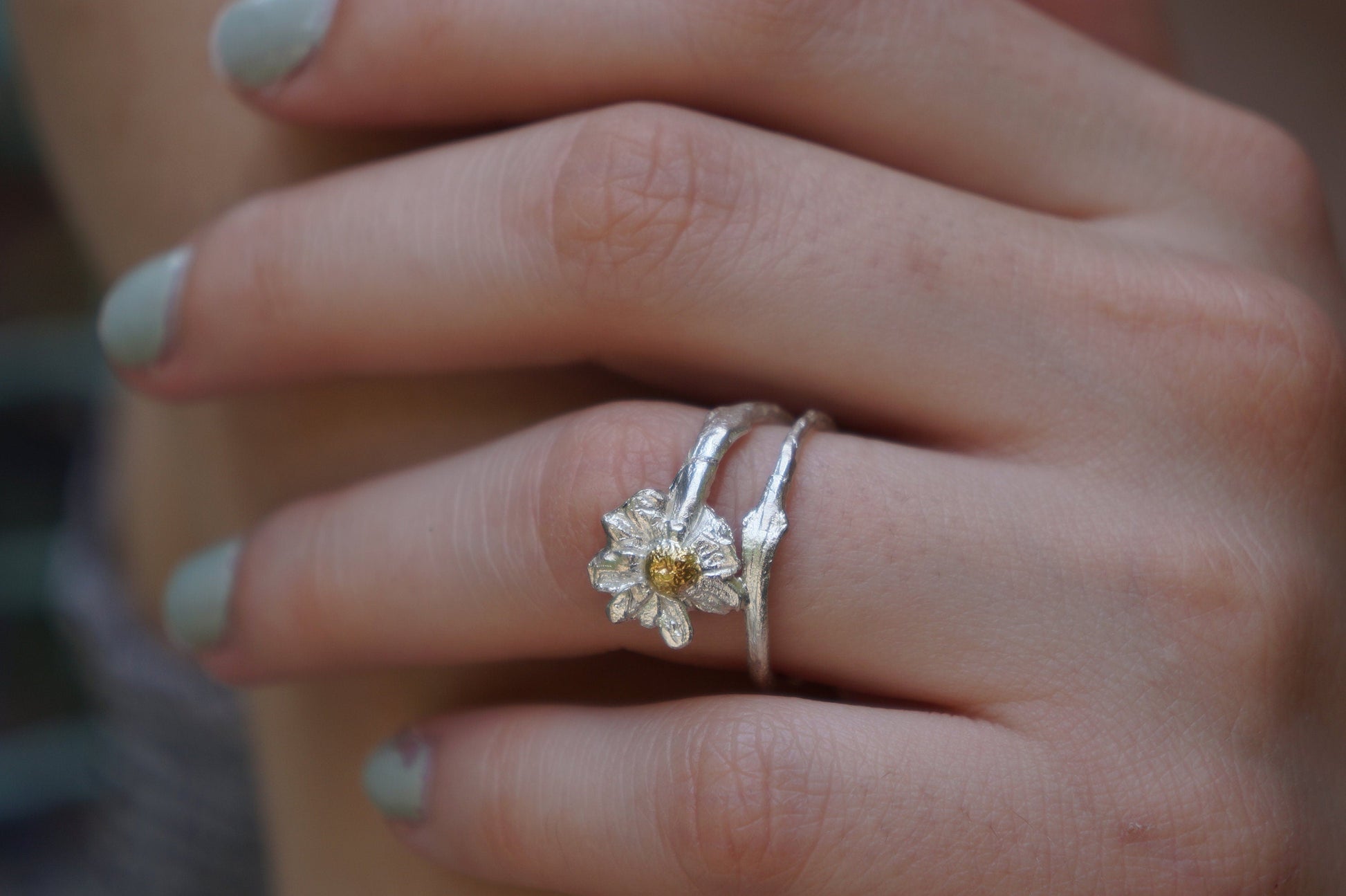 Silver Flower Ring, Sterling Silver Chamomile Ring, Branch Ring, Gold Ring Details, Gift for Her, Birthday Gift for Women, Handmade Jewelry-3