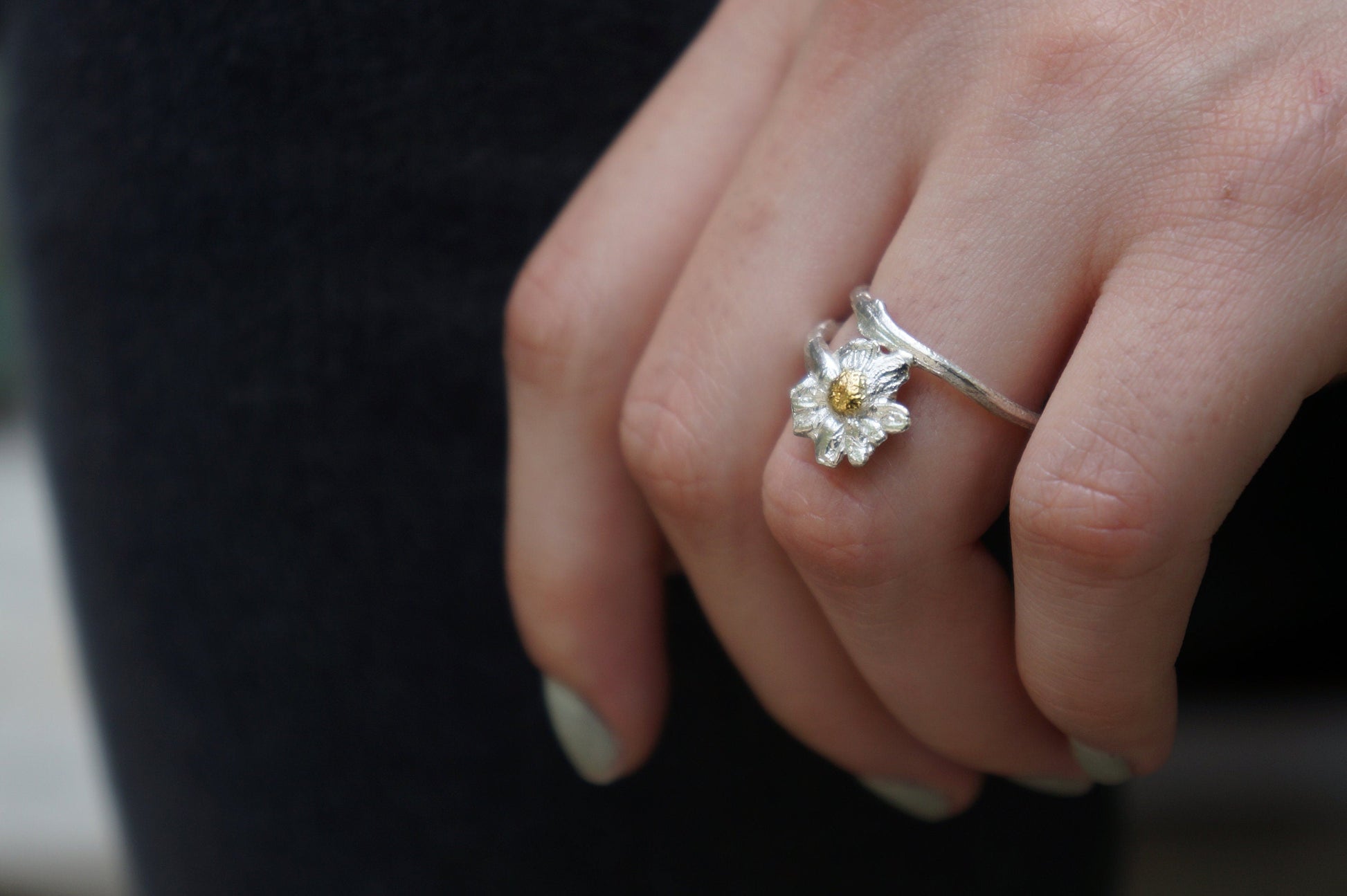 Silver Flower Ring, Sterling Silver Chamomile Ring, Branch Ring, Gold Ring Details, Gift for Her, Birthday Gift for Women, Handmade Jewelry-2