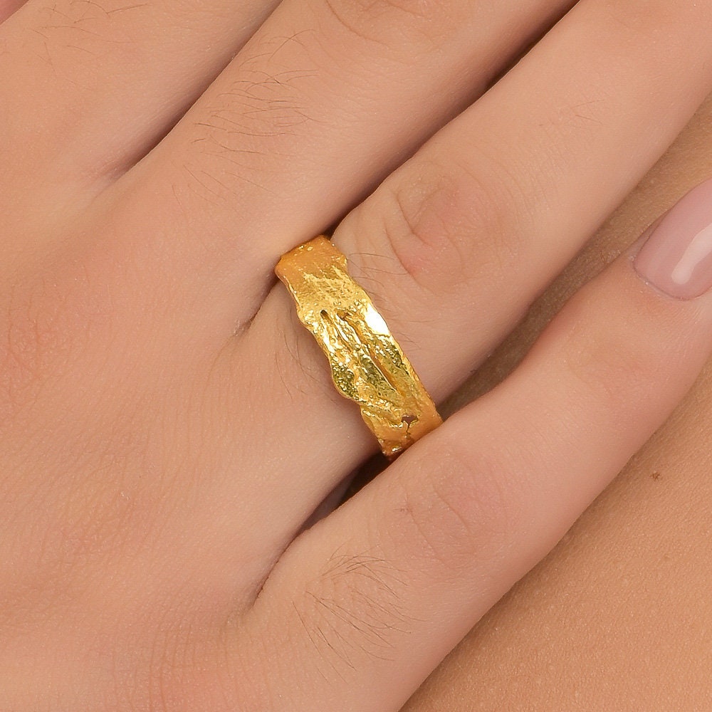 Citrus Tree Bark Ring: Recycled Silver with Gold Plating-0