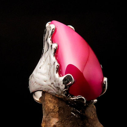 Pink Agate Ring, Sterling Silver Ring, Artwork Ring, pink Agate Cabochon, Handmade silver ring, unique design, Gift for Her - Size 7.5-2