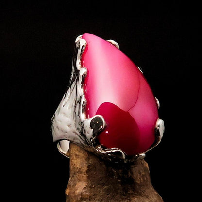 Pink Agate Ring, Sterling Silver Ring, Artwork Ring, pink Agate Cabochon, Handmade silver ring, unique design, Gift for Her - Size 7.5-0