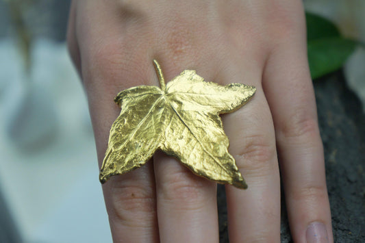 Ivy Flower Ring: Nature Inspired, Adjustable or Fixed - Gold Plated Brass-0
