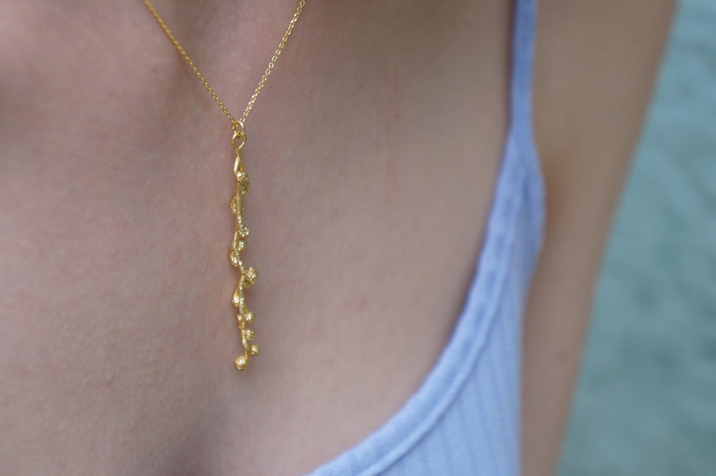 Nature-Inspired Gold Necklace, Mimosa Branch Pendant (Dainty, Sustainable)-0