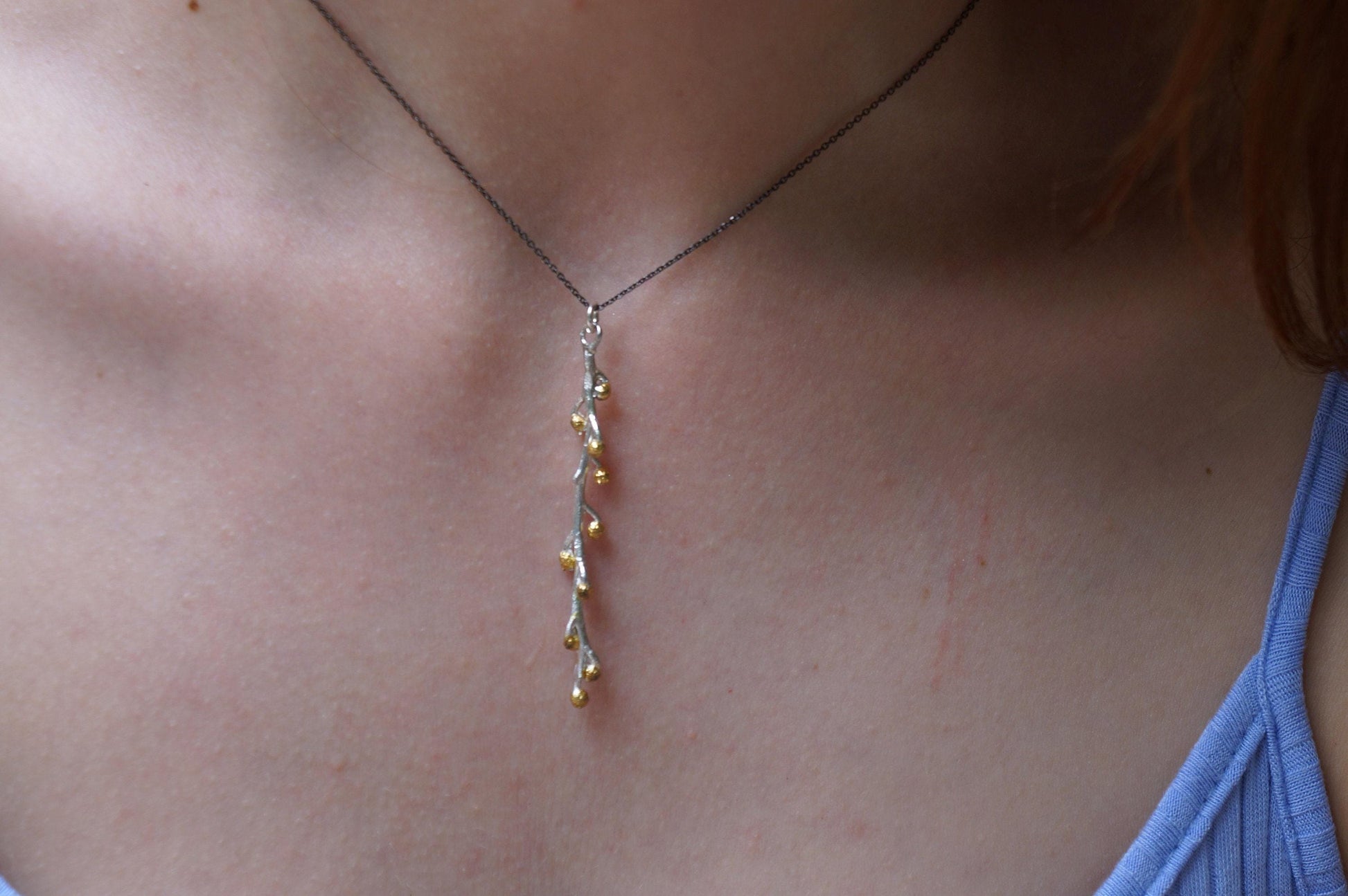 Nature-Inspired Gold Necklace, Mimosa Branch Pendant (Dainty, Sustainable)-3