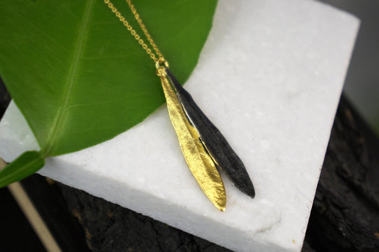 Botanical Olive Leaf Necklace, Two Tone Gold & Black Rhodium (Sterling Silver 925)-1