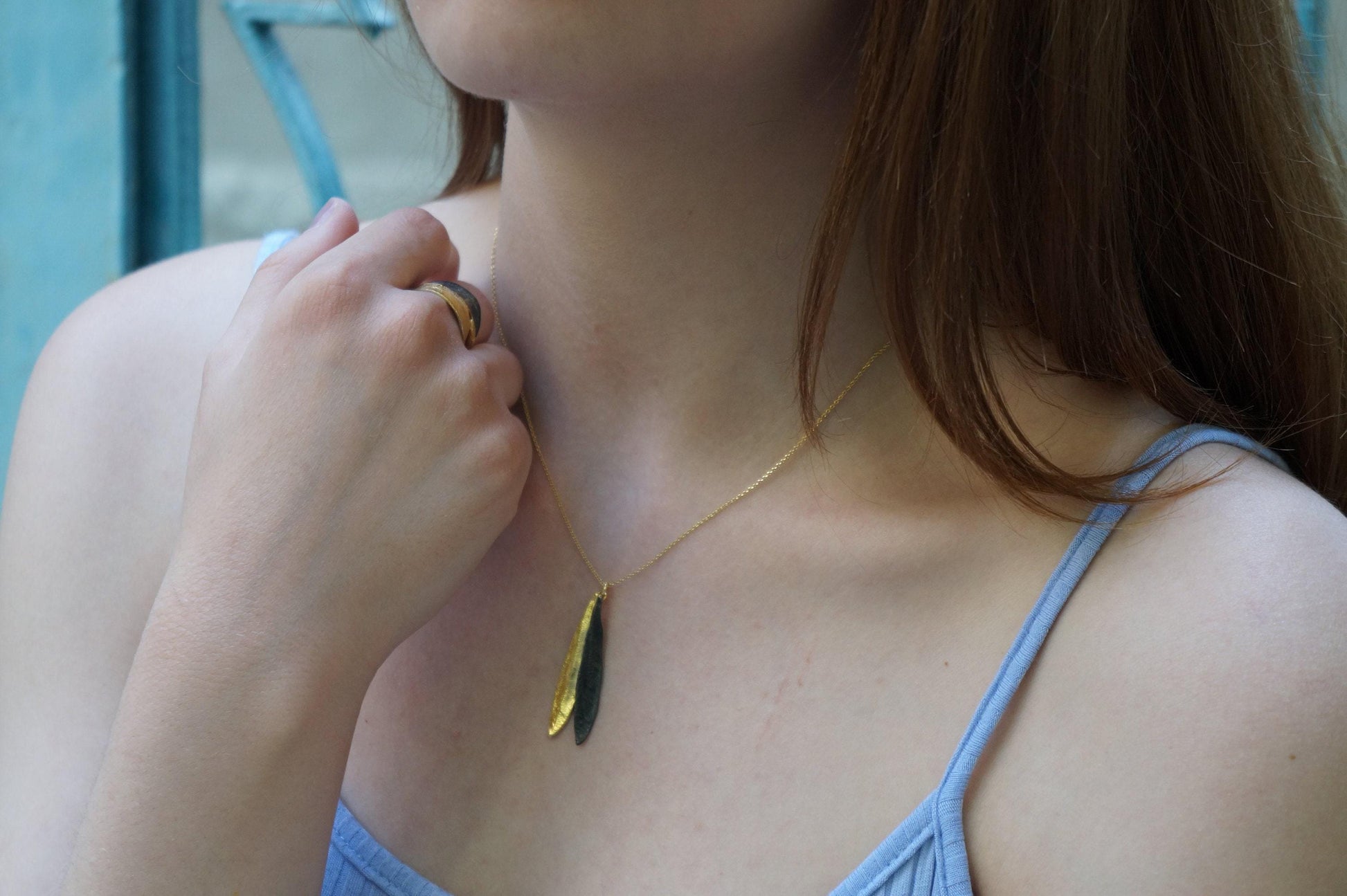 Botanical Olive Leaf Necklace, Two Tone Gold & Black Rhodium (Sterling Silver 925)-2