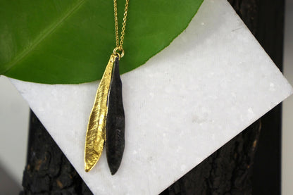 Botanical Olive Leaf Necklace, Two Tone Gold & Black Rhodium (Sterling Silver 925)-4