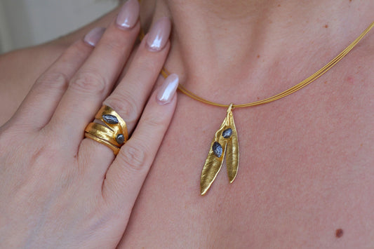 Gold Double-Leaf Necklace, Gold-Plated Sterling Silver Jewelry, Handmade Silver Pendant, Gift for Her, Birthday Gift for Women-0